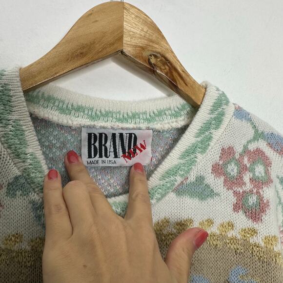 VINTAGE 90s Chunky Sweater Victorian floral Beige sparkly overesized thick Small - Picture 5 of 6